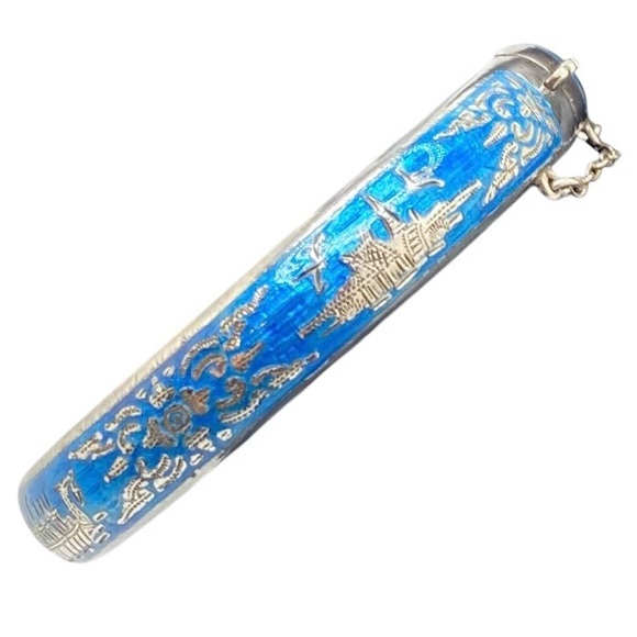 Mythical Thailand Sterling Hinged Bangle – Gold Etching on Blue Enamel - Picture 3 of 10